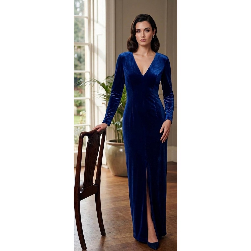 Jessica Howard Vintage Navy Blue Velvet Maxi Dress V-Neck Long Sleeve Size 14